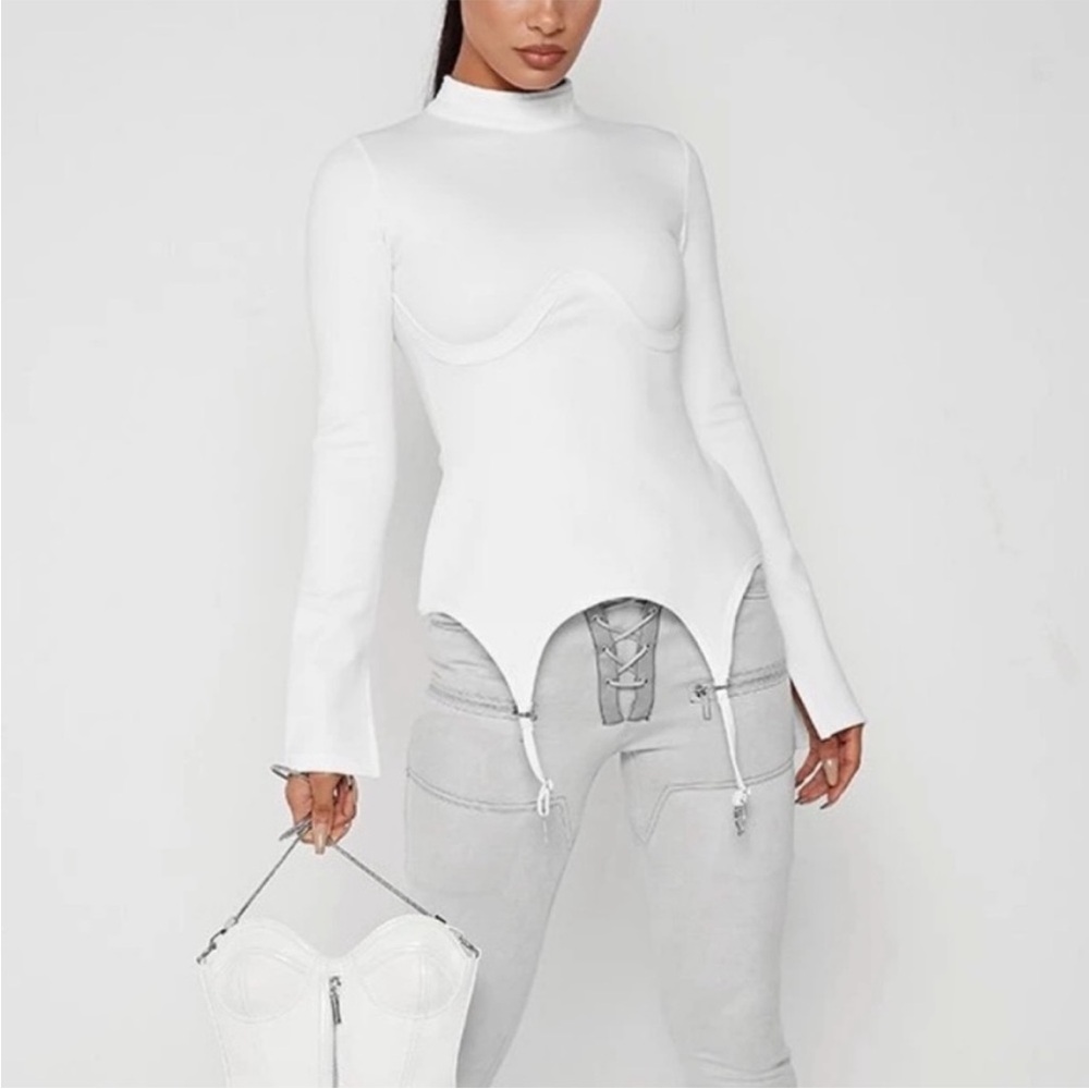 NWT Maniere De Voir Suspender Garter Belt Detail Long Sleeve Mock Neck Top 8